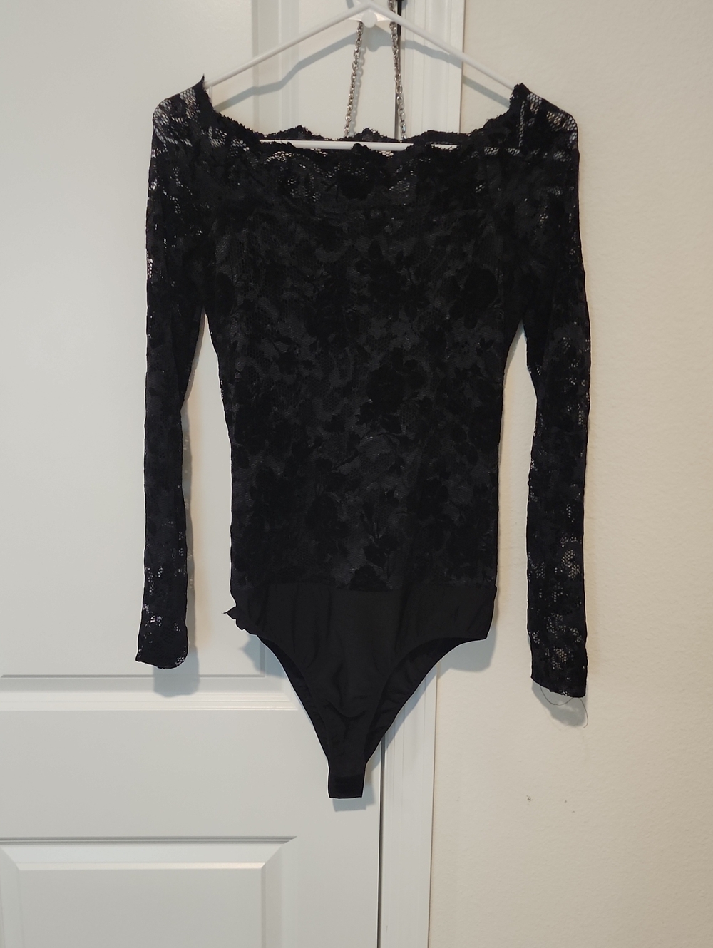 ANTONIO MELANI Black Lace Off-Shoulder Long-Sleeve Bodysuit